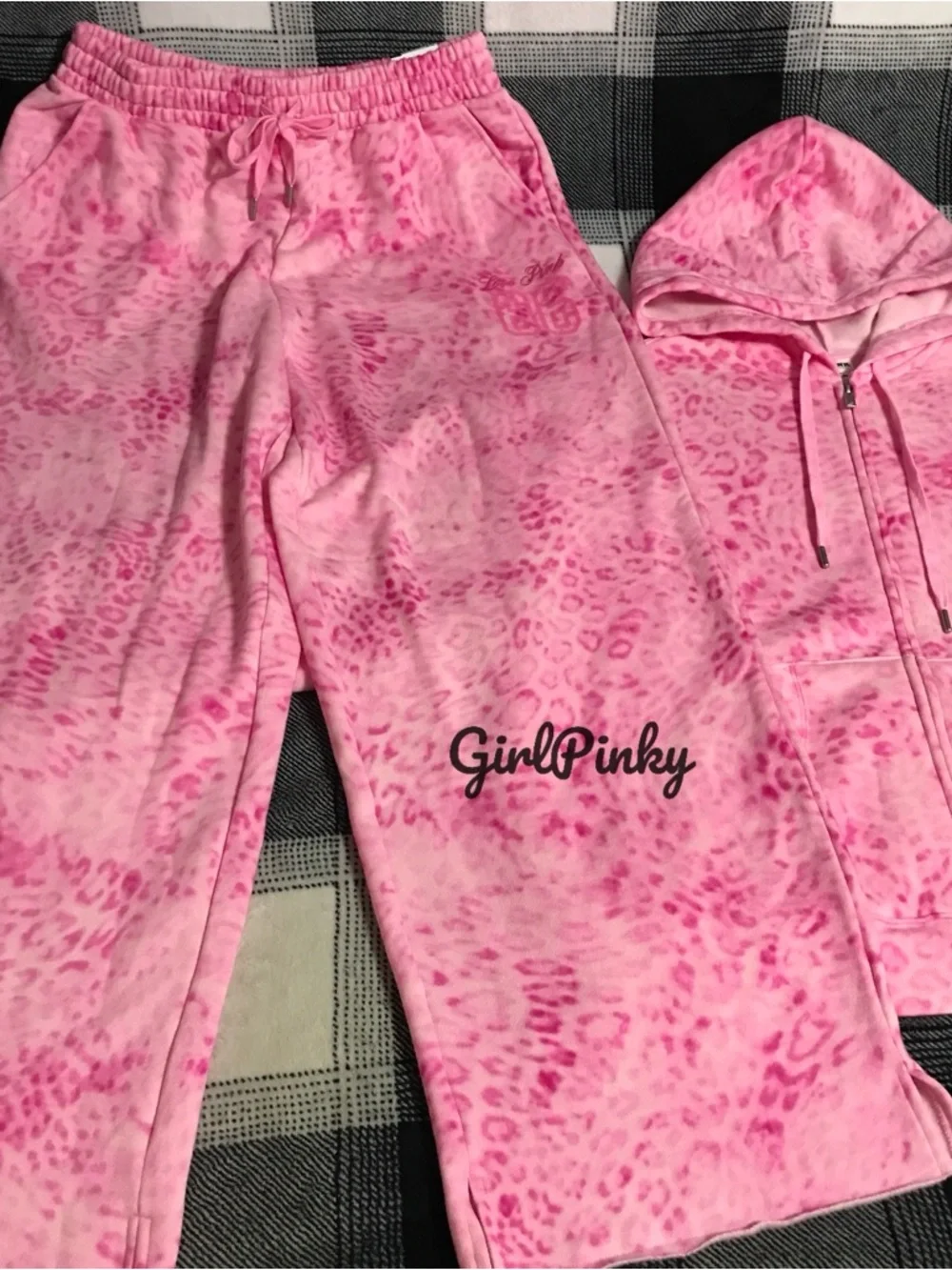 VS PINK IVY FLEECE CAMPUS FULL ZIP & SWEATPANTS PINK LEOPARD PRINT LOGO XS
